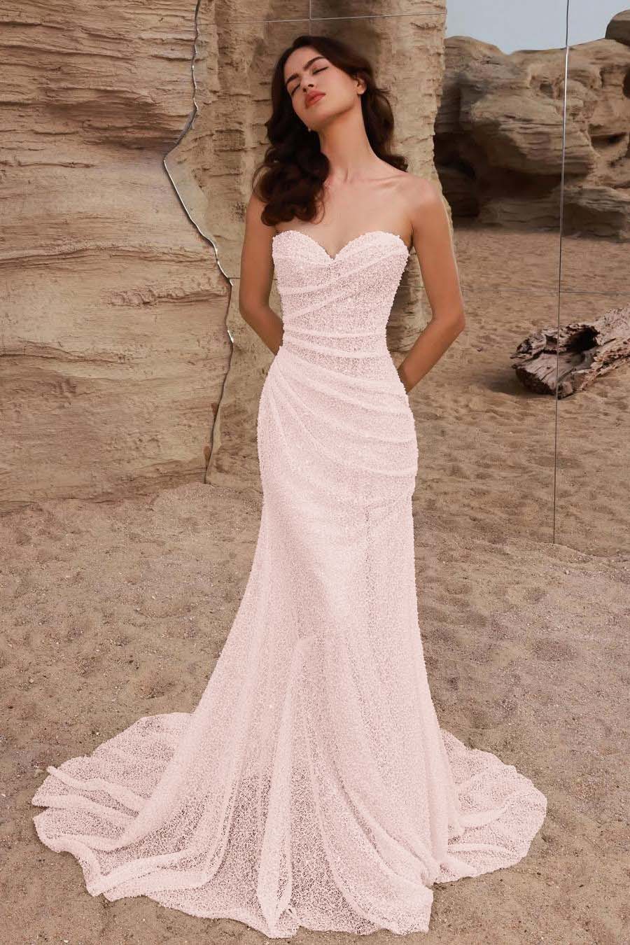 Strapless Sleeveless Long Mermaid Prom Dress With Pleated Sequins BMBRIDE