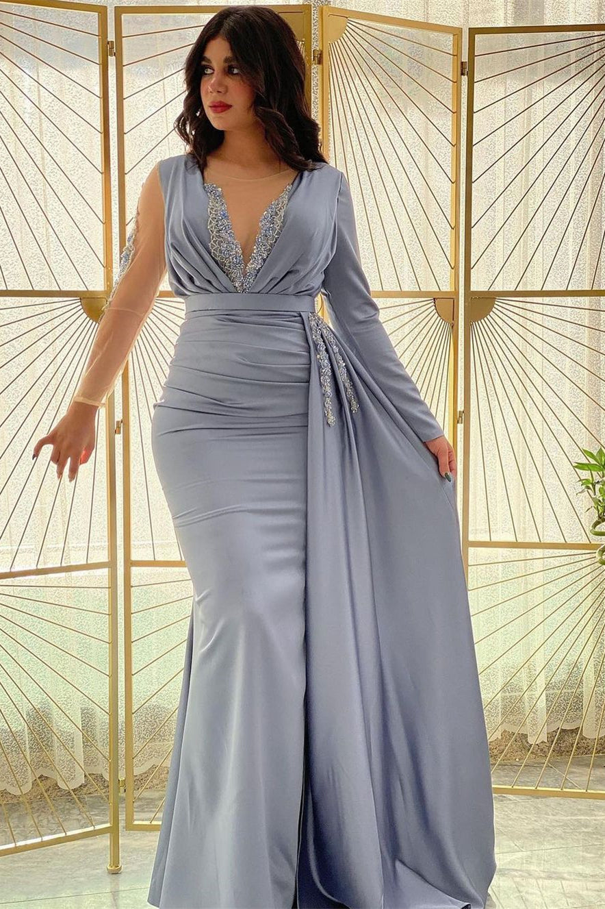 Mermaid Long Sleeves Beadings Pleated Prom Dress Side Split With Ruffles