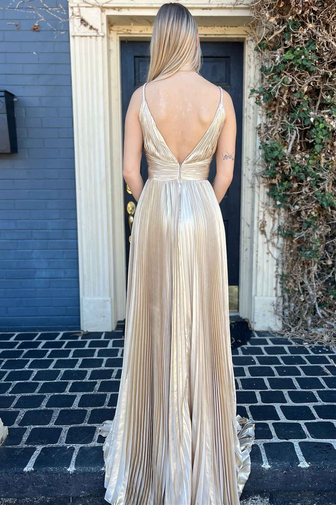 Stunning Plunging V-Neck Gold Pleated Long Prom Dress BM bride
