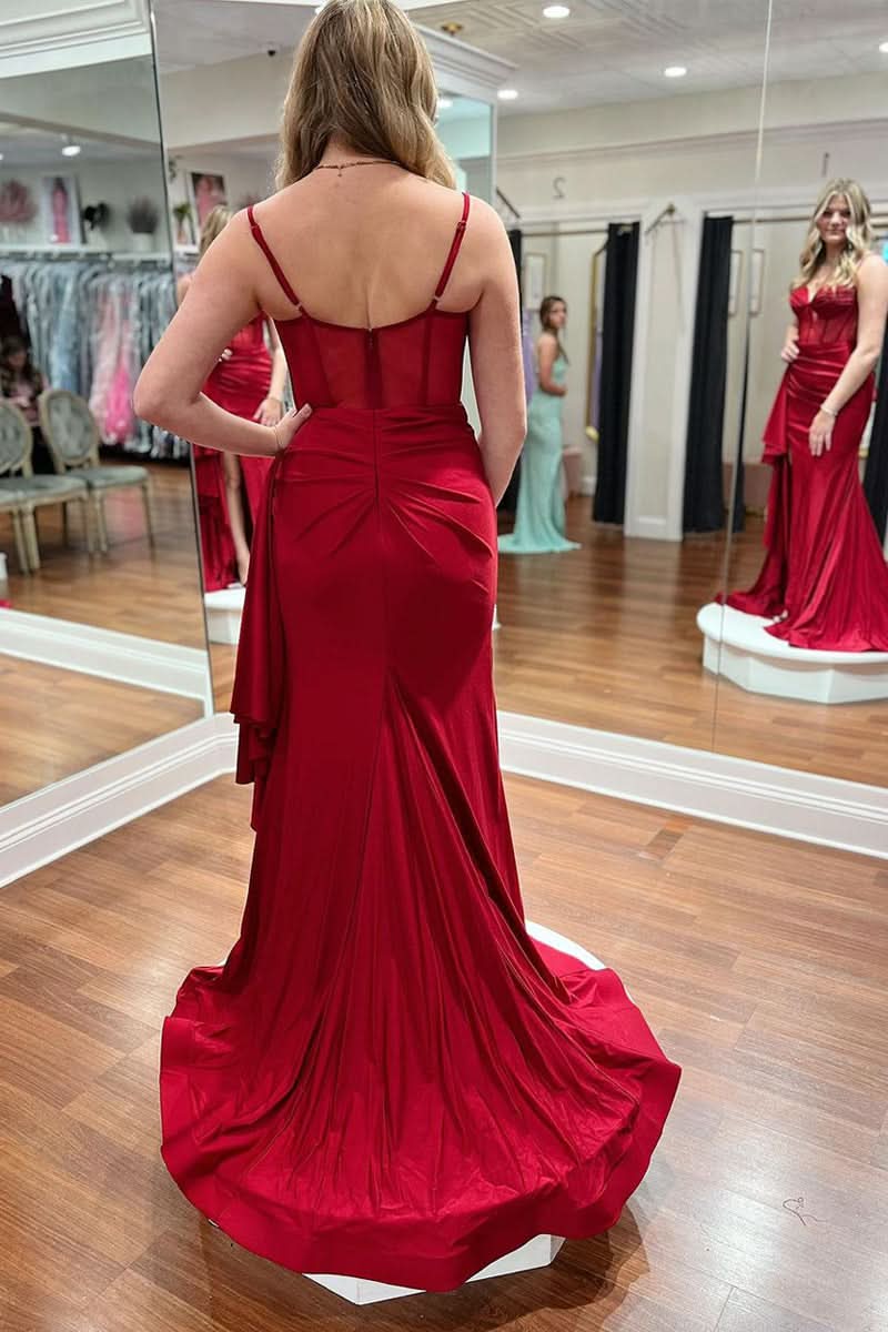 Rich Dark Red Sweetheart Satin Mermaid Long Prom Dress with Slit BM bride