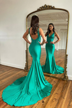 Green Prom Dress Wide Shoulder V Neck Long Mermaid with Beads BM bride