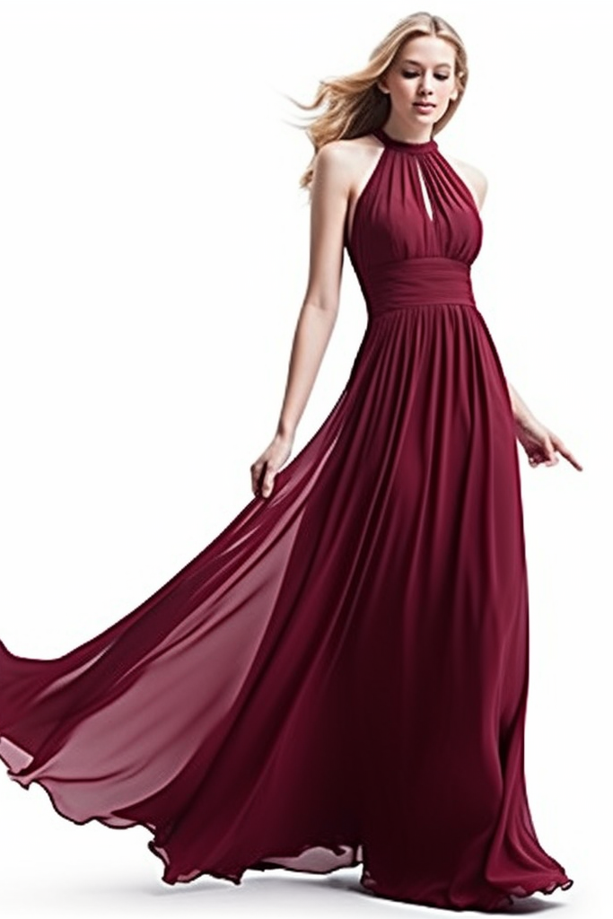 Purple Halter Sleeveless Long Chiffon Prom Dress with Pleats BM bride