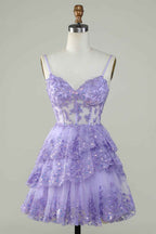Sparkly Blue Corset Top Spaghetti Straps A-Line Lace Short Homecoming Dress