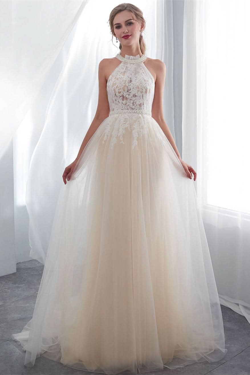 High Neck Tulle Wedding Dress with Appliques BM bride