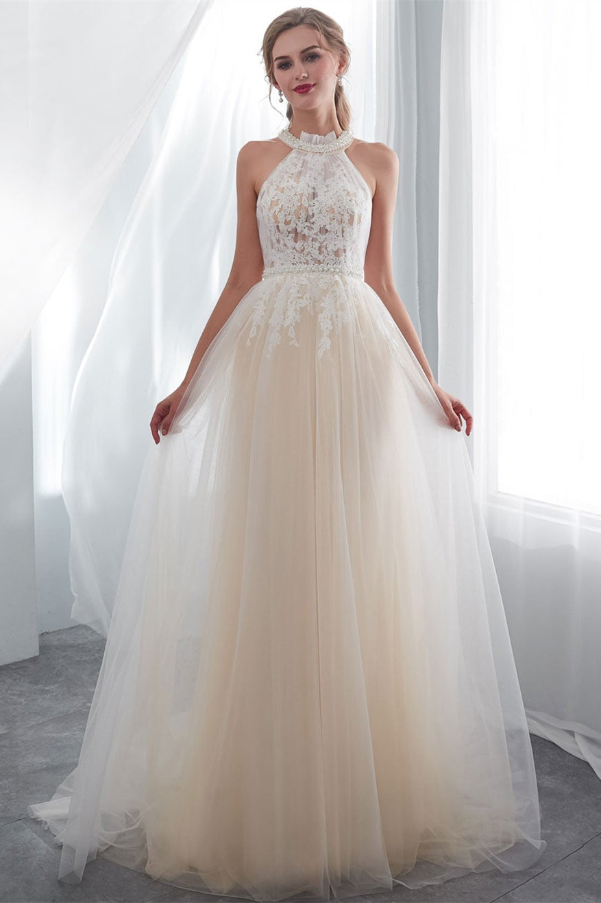 High Neck Tulle Wedding Dress with Appliques BM bride