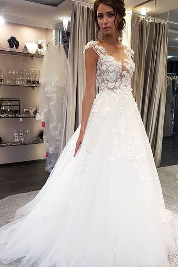Graceful White Lace Long Wedding Dress with Appliques BM bride