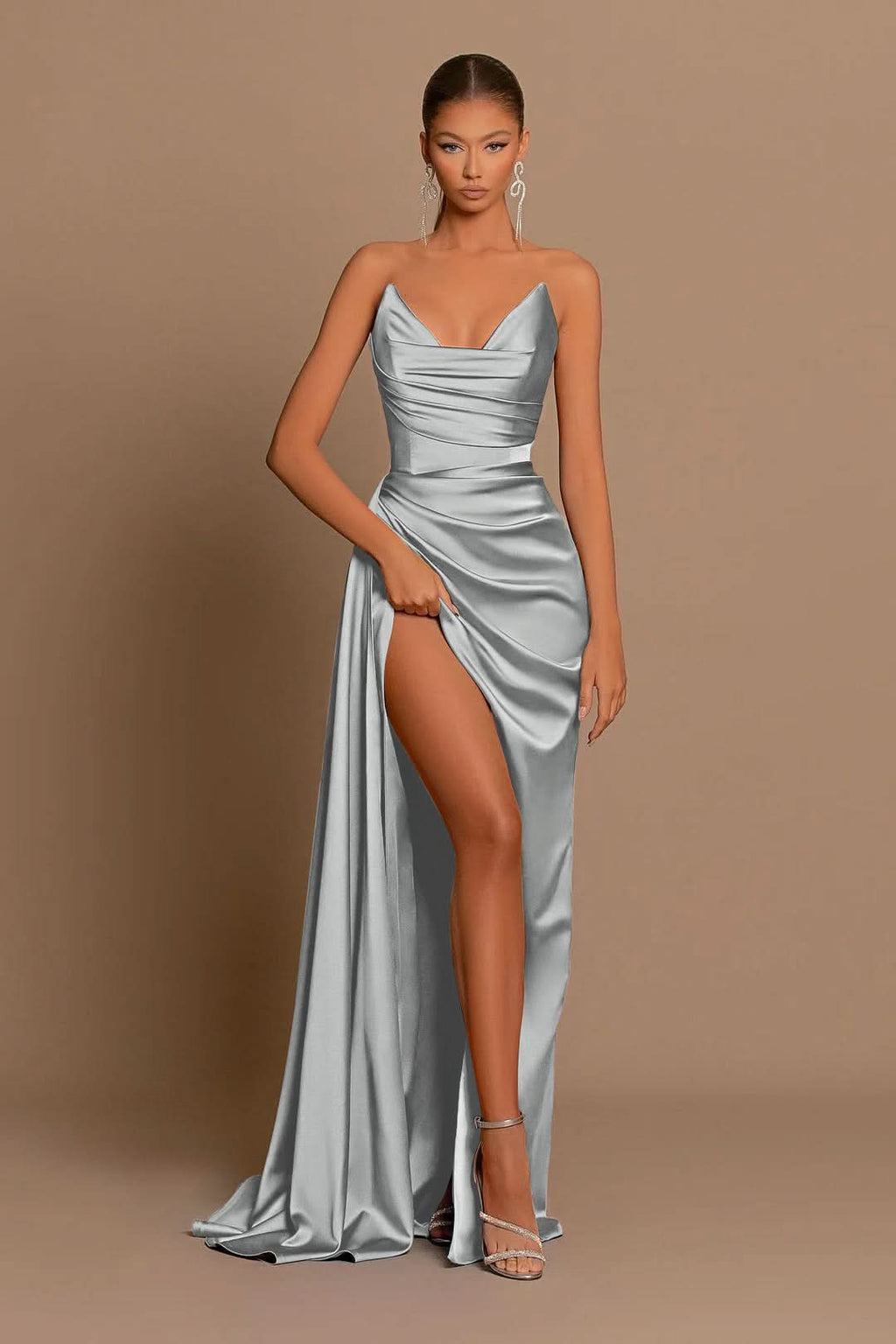 Elegant Royal Blue Long Evening Dress with Pleated Charmeuse and Slit BM bride