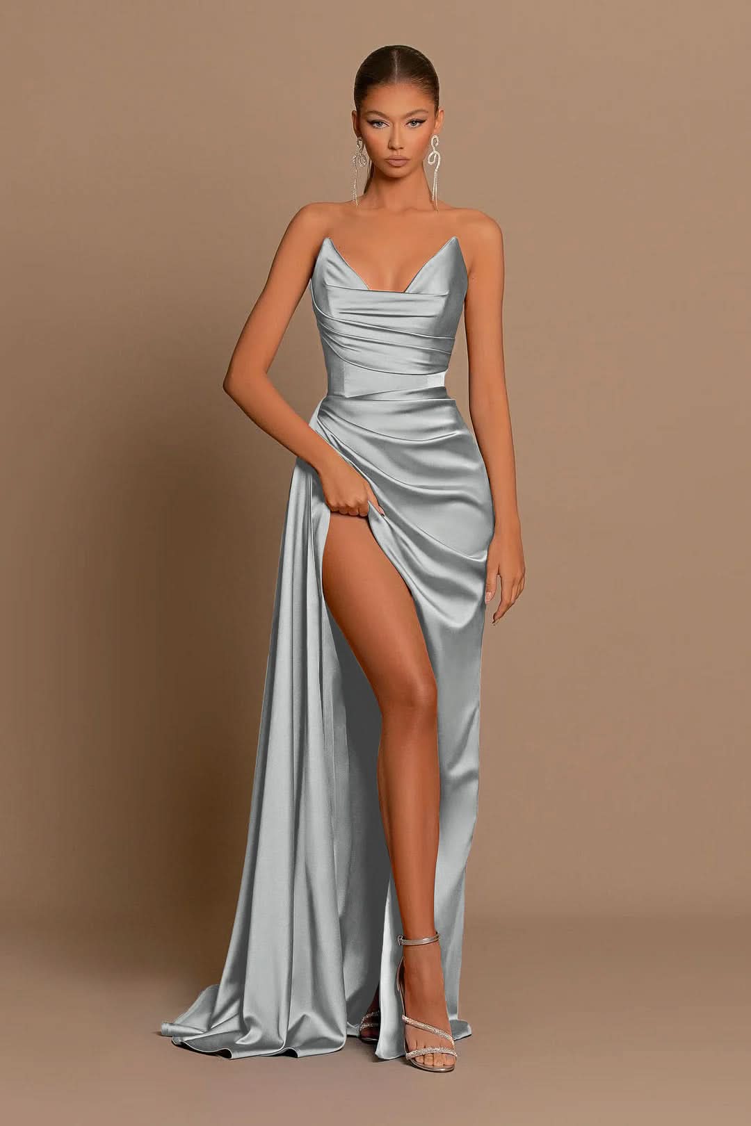Elegant Royal Blue Long Charmeuse Evening Dress with Slit Pleats BM bride