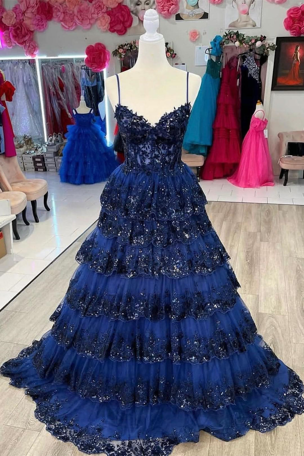 Lovely A-Line Spaghetti Straps Tiered Lace Prom Dress BM bride