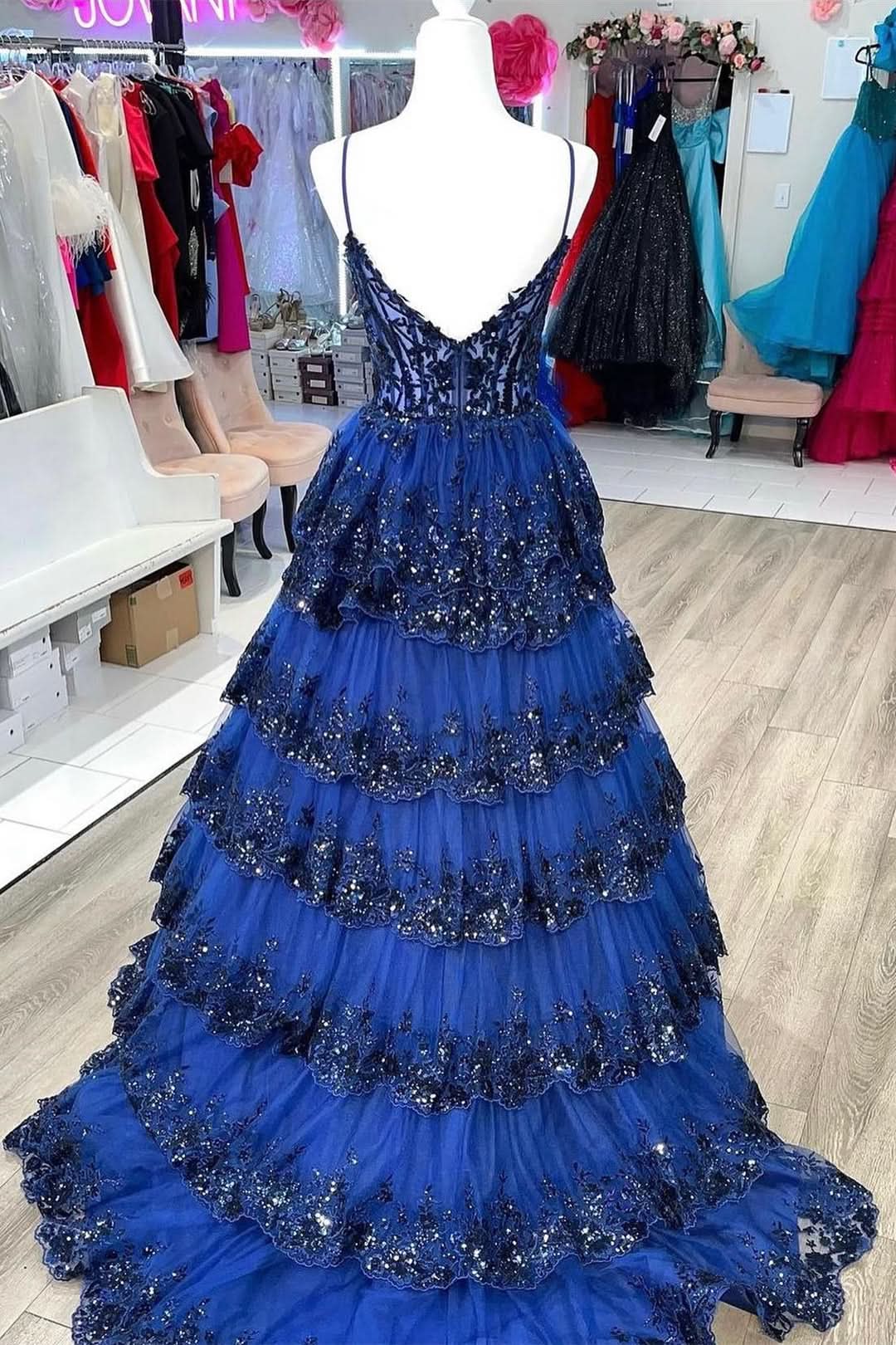 Lovely A-Line Spaghetti Straps Tiered Lace Prom Dress BM bride