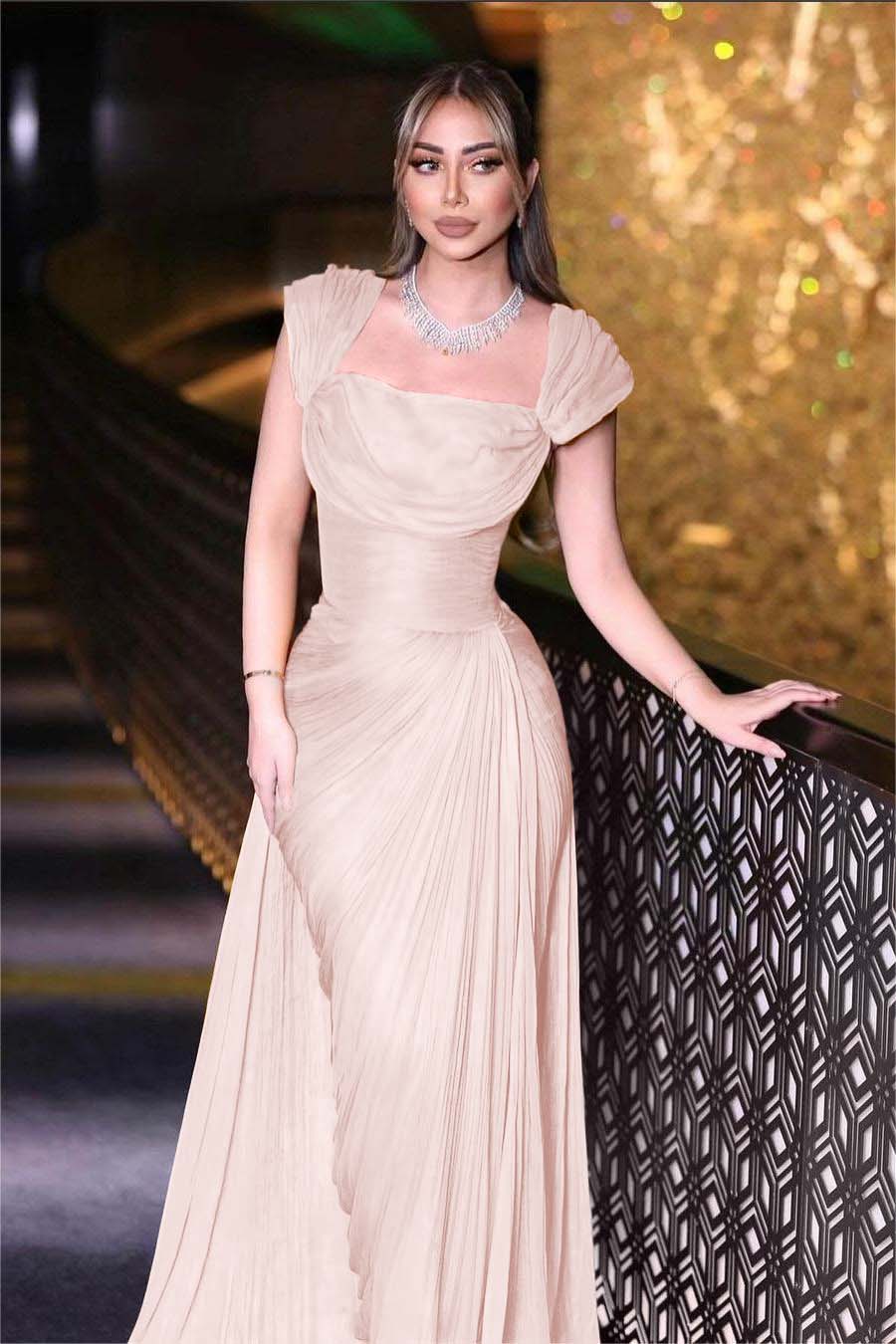 Daffodils Square Neck Sleeveless High Waist Long Pleated Prom Dress With Split BMBRIDE