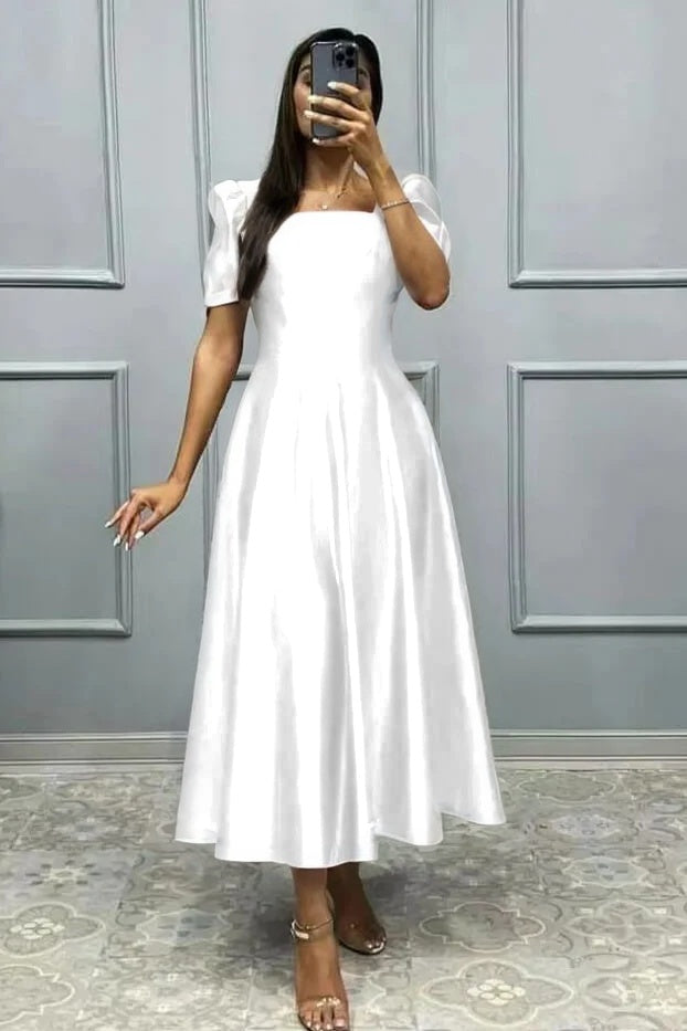 Elegant Square A Line High Waist Pleated Prom Dress With Short Sleeves BMBRIDE