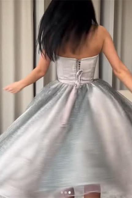 Silver Strapless Short A-Line Prom Dress with Sequins BM bride