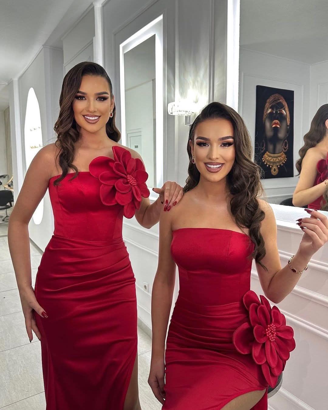 Red Strapless Prom Dress with Handmade Flower Pearls, Split, and Pleats BM bride