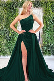 Dark Green Split Sequins Mermaid Prom Dress with Detachable Skirt BM bride