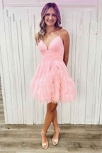 Glitter Pink Tulle A-Line Short Homecoming Dress with Ruffles Bmbride