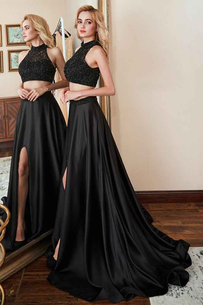 Black Two Pieces High Neck Sleeveless Long Prom Dress Split With Beadings