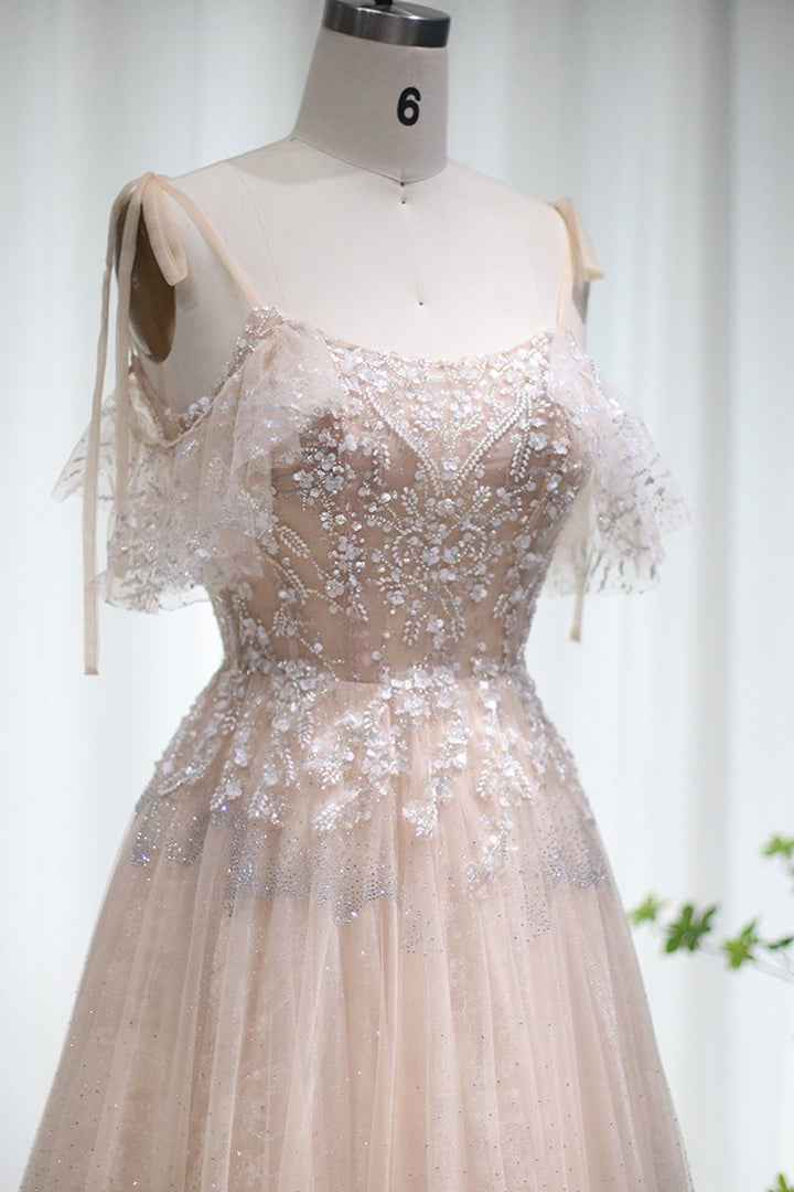 A Line Spaghetti Strap Prom Dress Tulle With Diamond Appliques