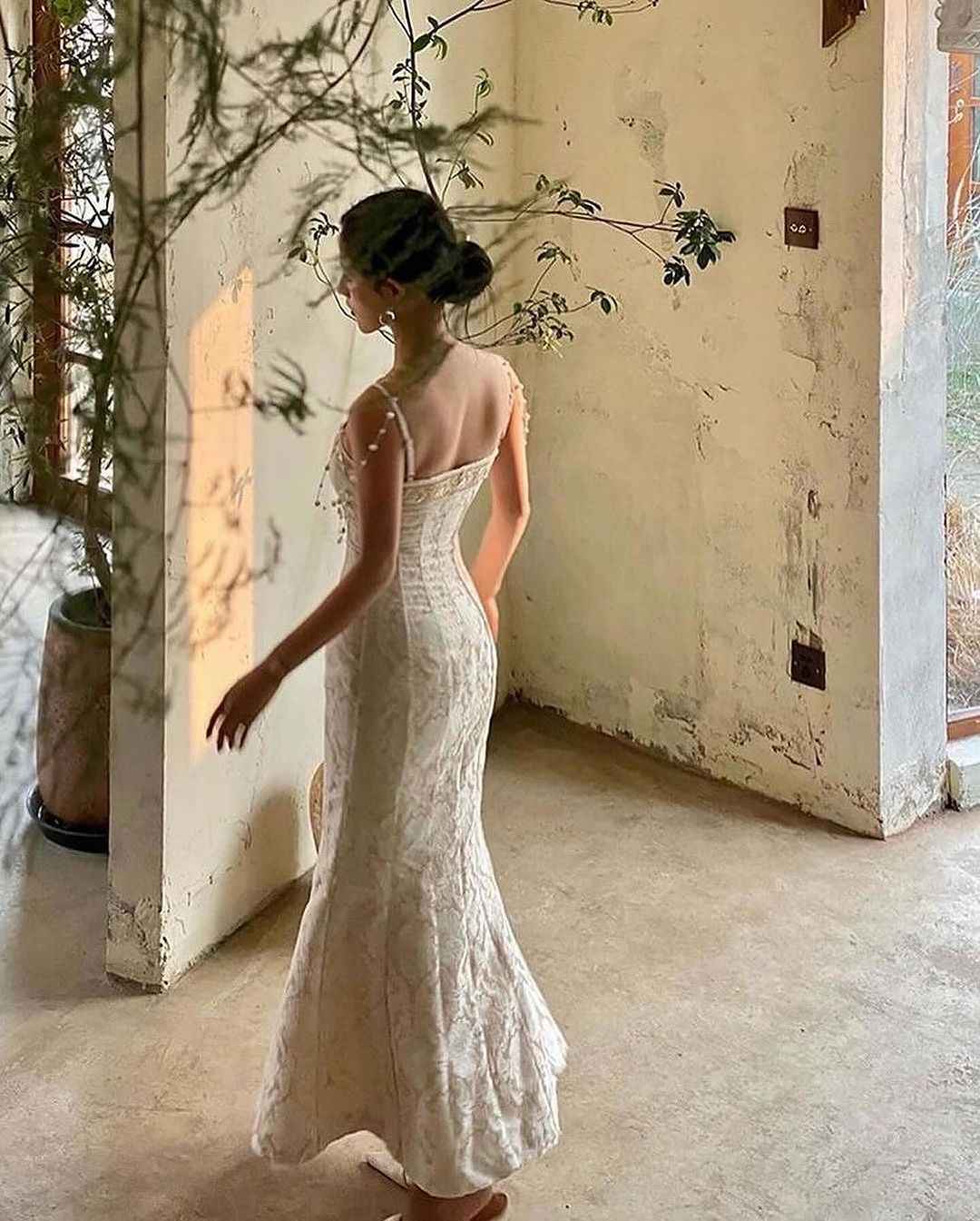 Sweetheart Spaghetti Strap Embroidery Champagne Pearl Mermaid Prom Dress