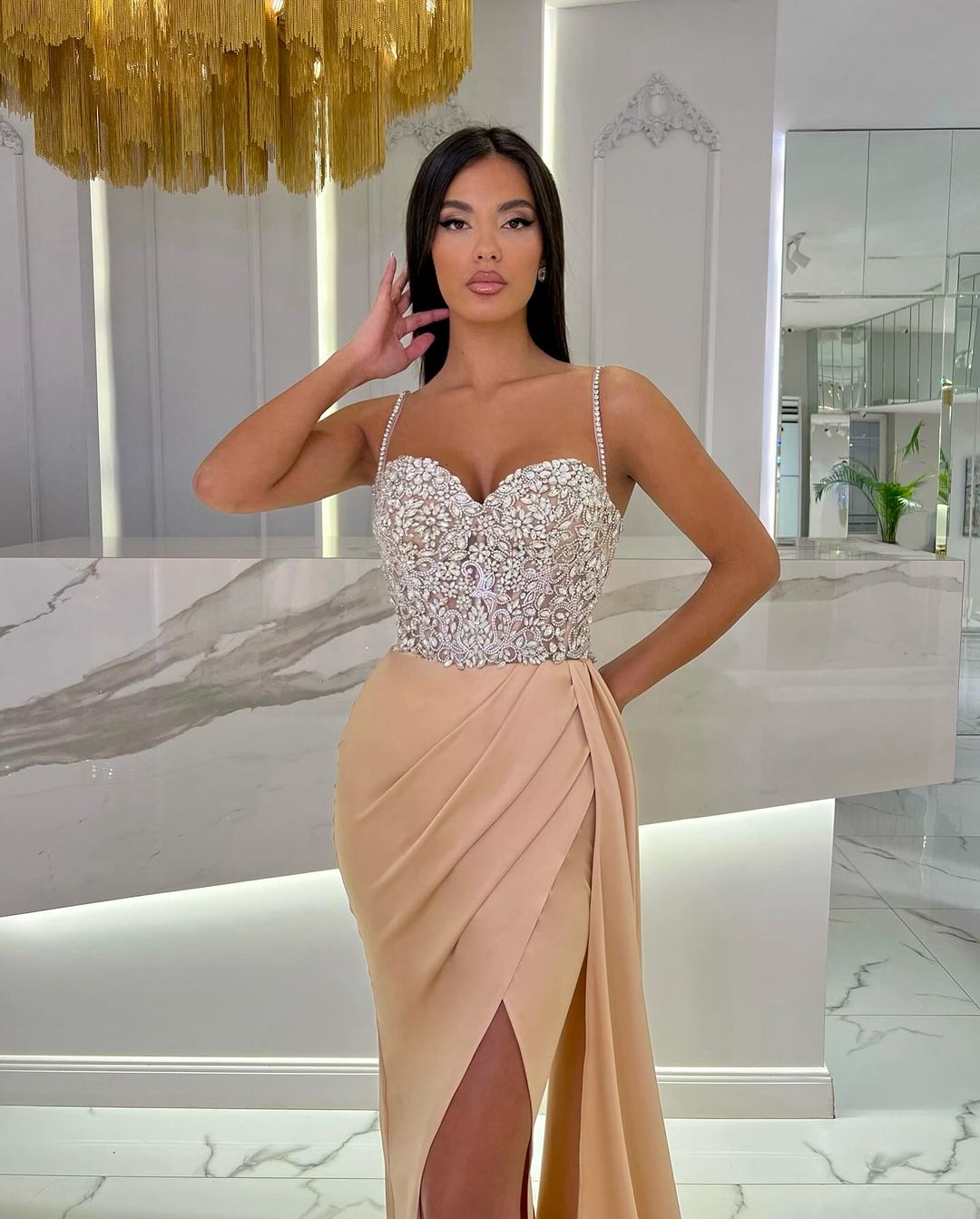 Prom Dress Baby Blue With High Slit Spaghetti Strap Sweetheart Appliques BMBRIDE