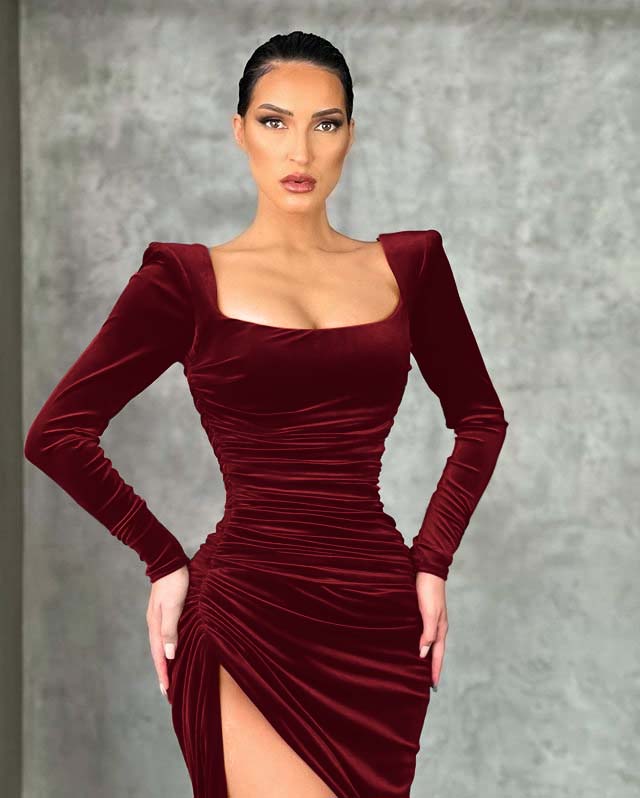 Mermaid Burgundy Long Sleeves Square Neck Prom Dress With High Split BMBRIDE