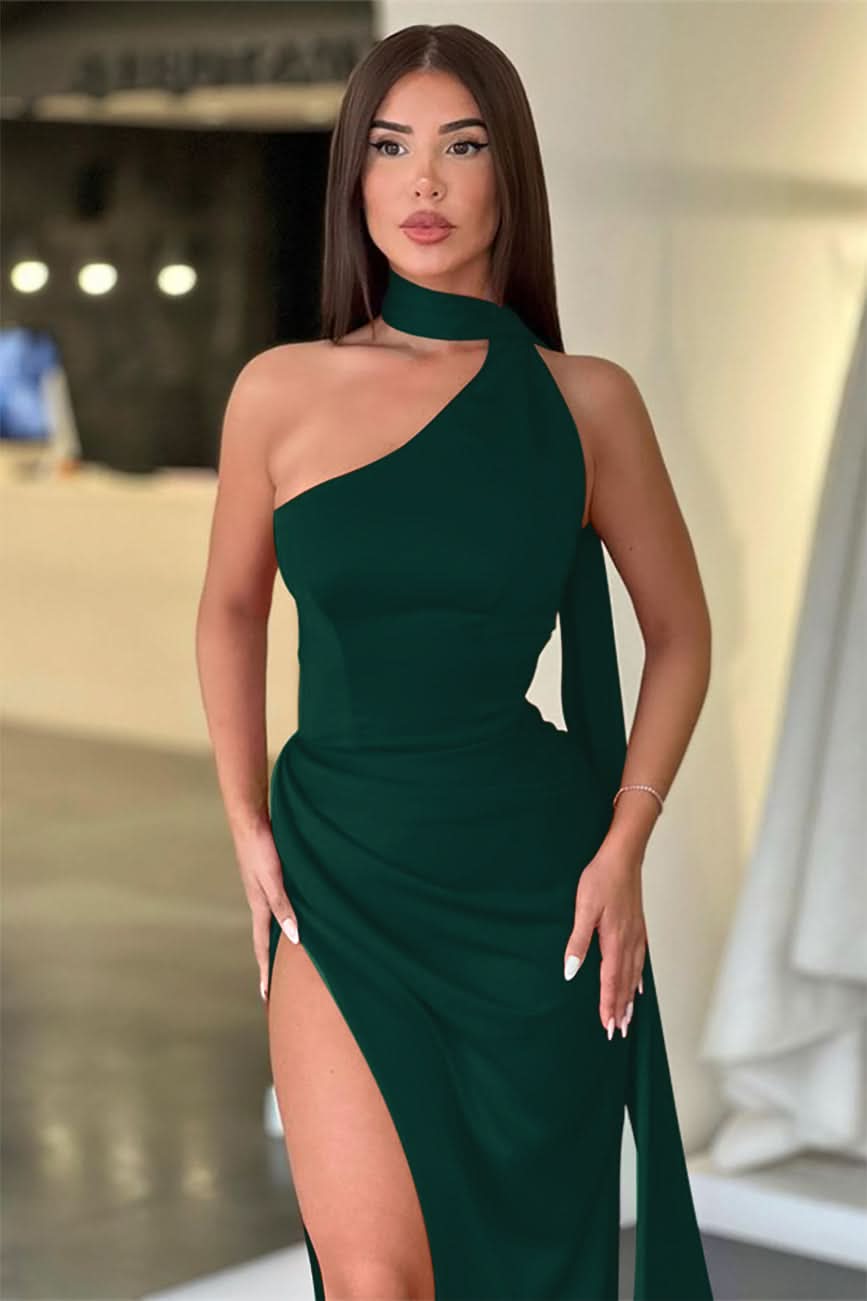 Red High Collar Long Mermaid Prom Dress with Slit and Ruffles BM bride