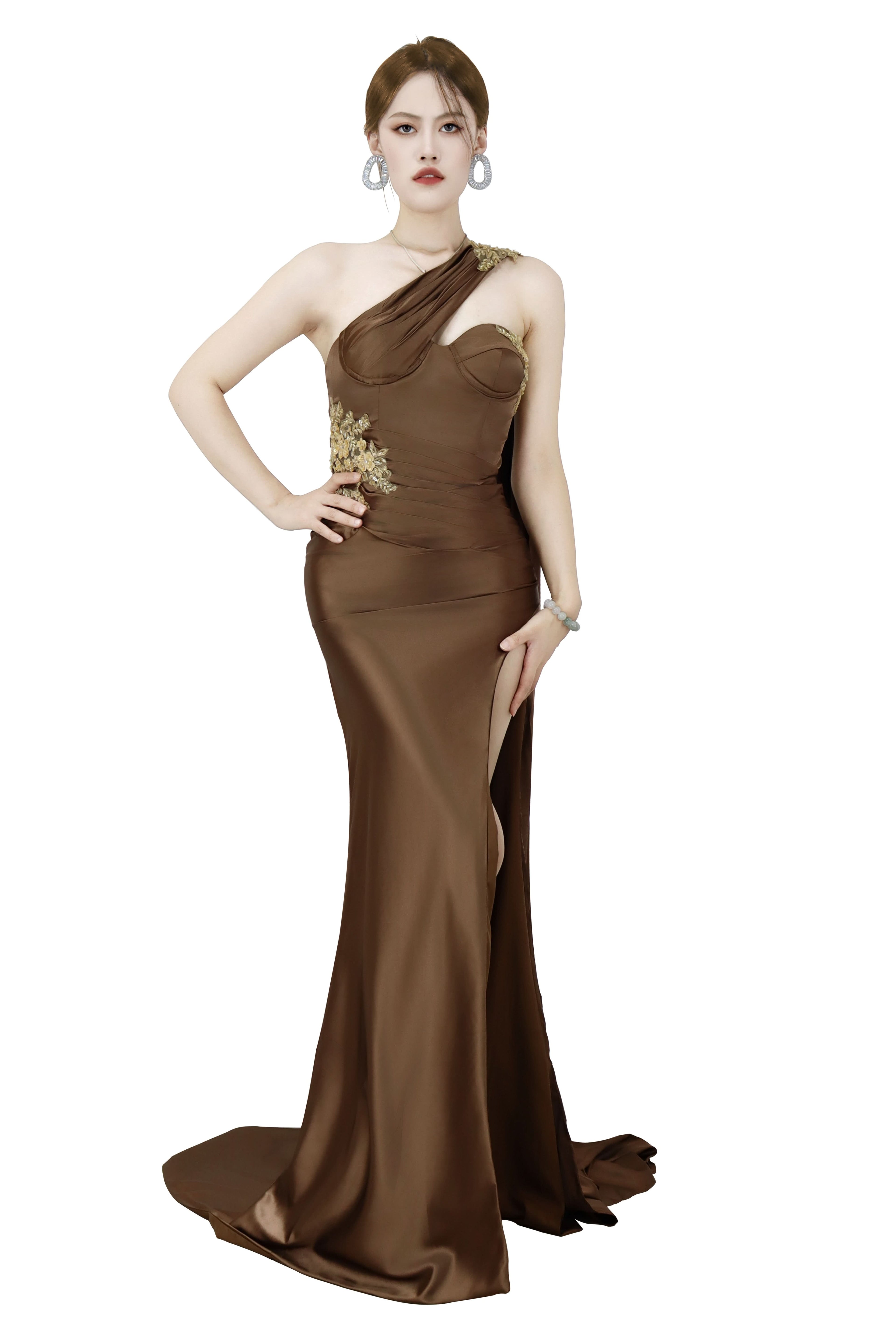 One-Shoulder Sleeveless Brown Long Prom Dress with Slit BM bride