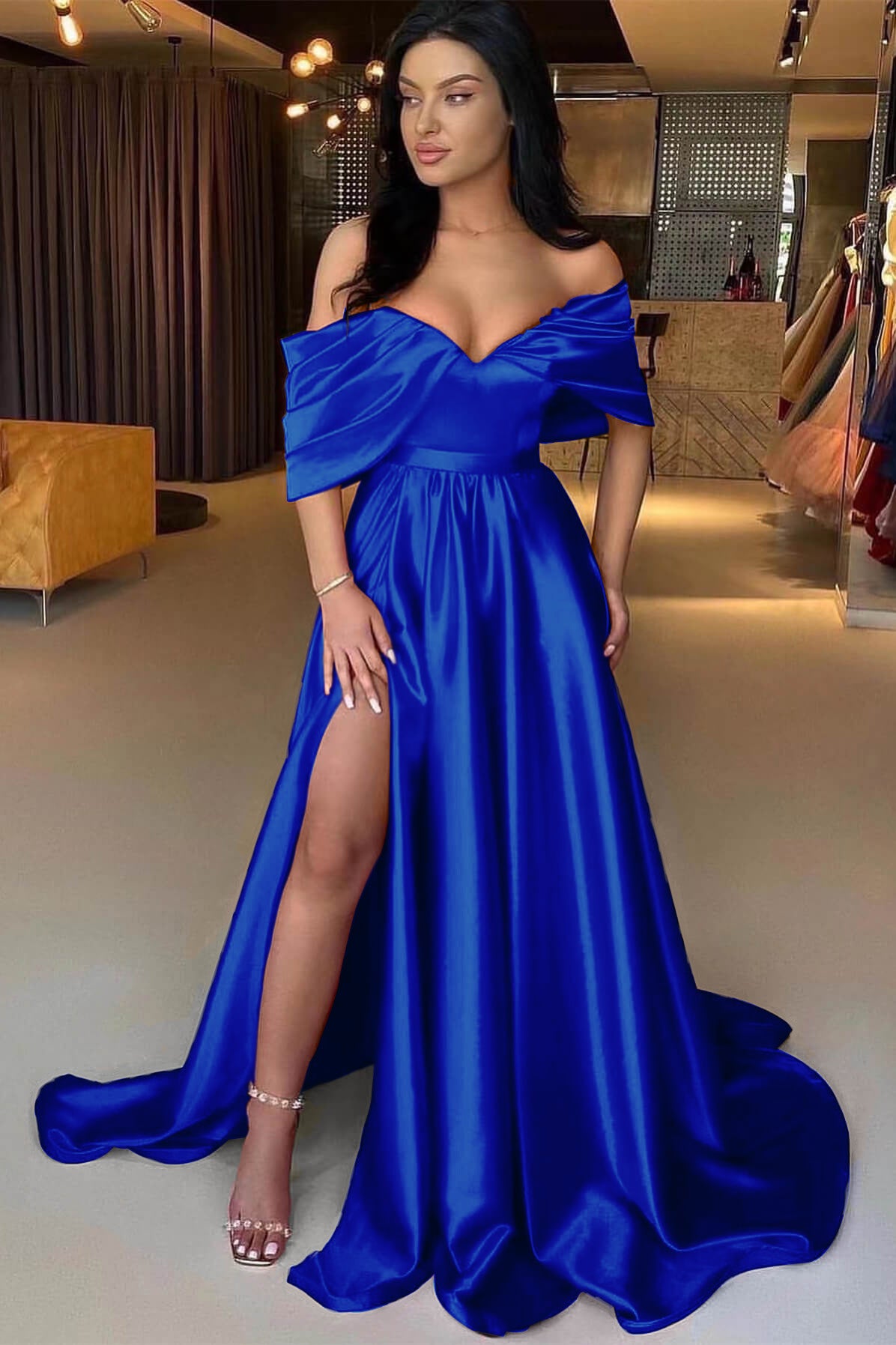 Charming Red A Line Off the Shoulder Strapless Long Prom Dress With Split BMBRIDE