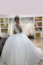 White Short Sleeve Ball Gown Wedding Dress with Lace BM bride