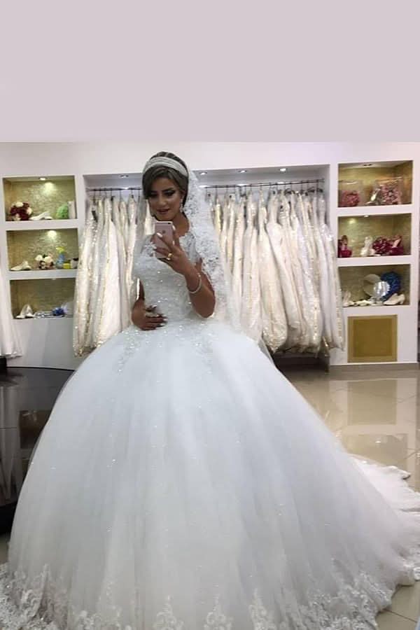 White Short Sleeve Ball Gown Wedding Dress with Lace BM bride