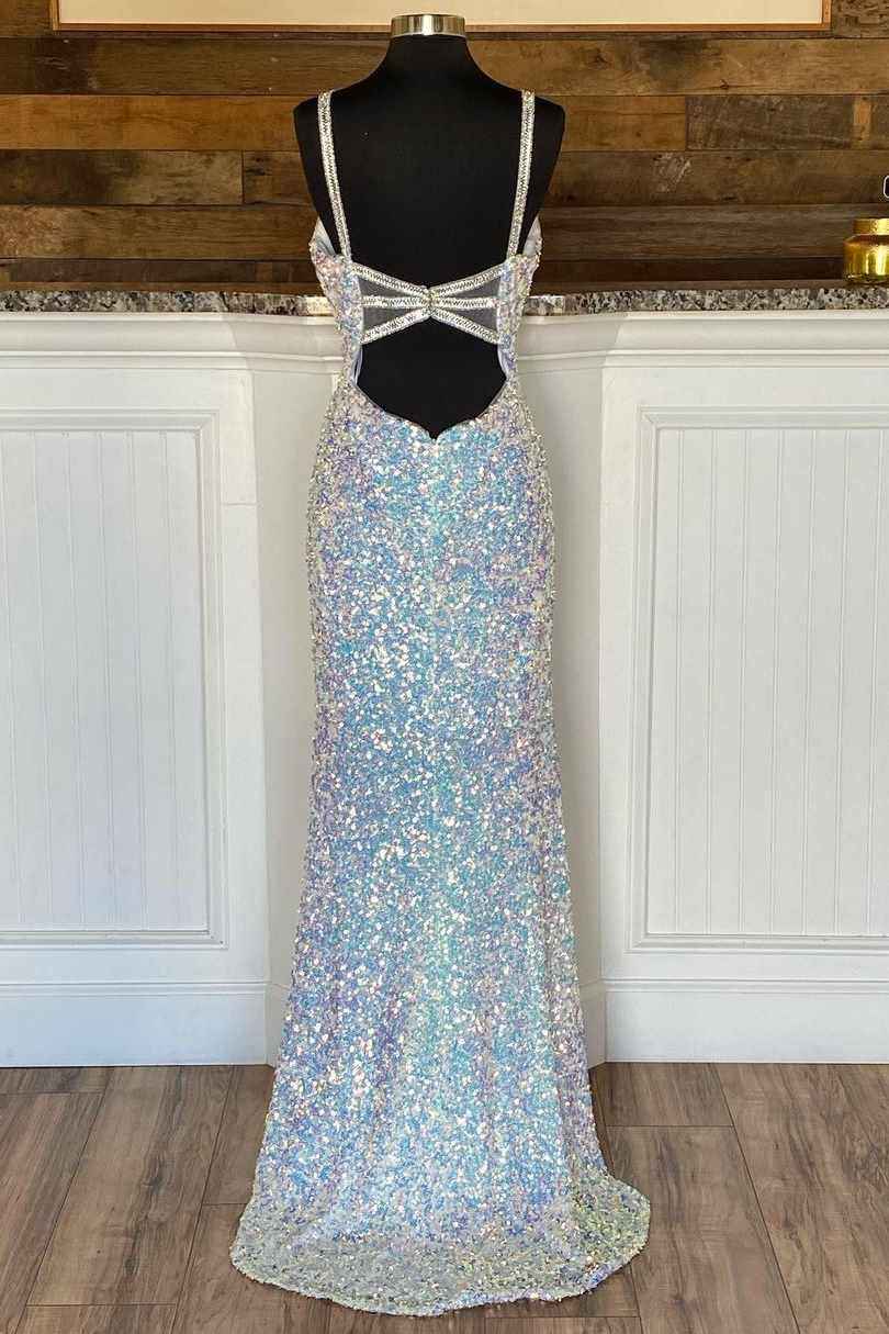 Sparkle Mermaid Sleeveless Evening Dress Split Spaghetti Strap With Sequins