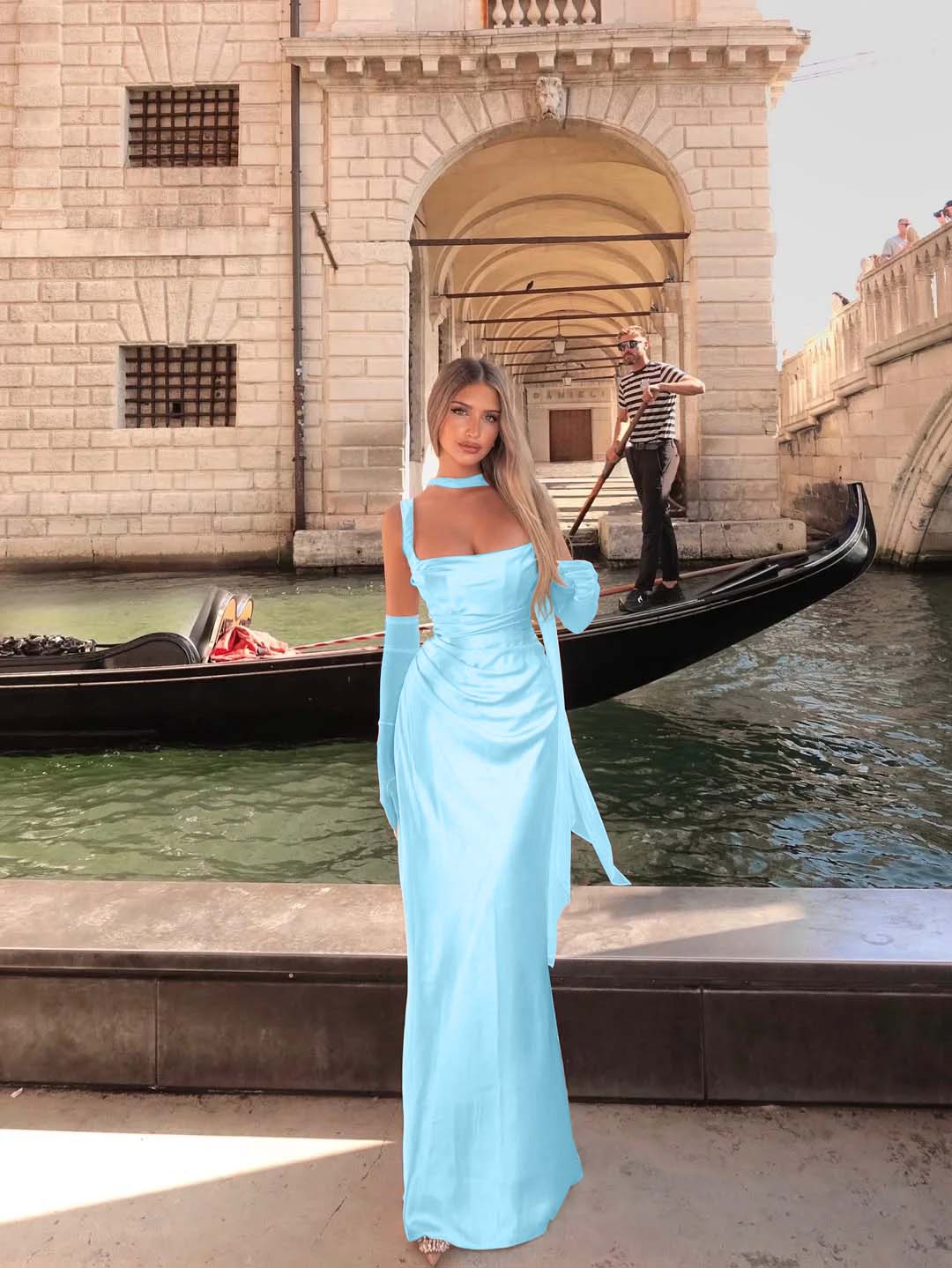Spaghetti Strap Sleeveless Long Mermaid Prom Dress With Gloves BMBRIDE
