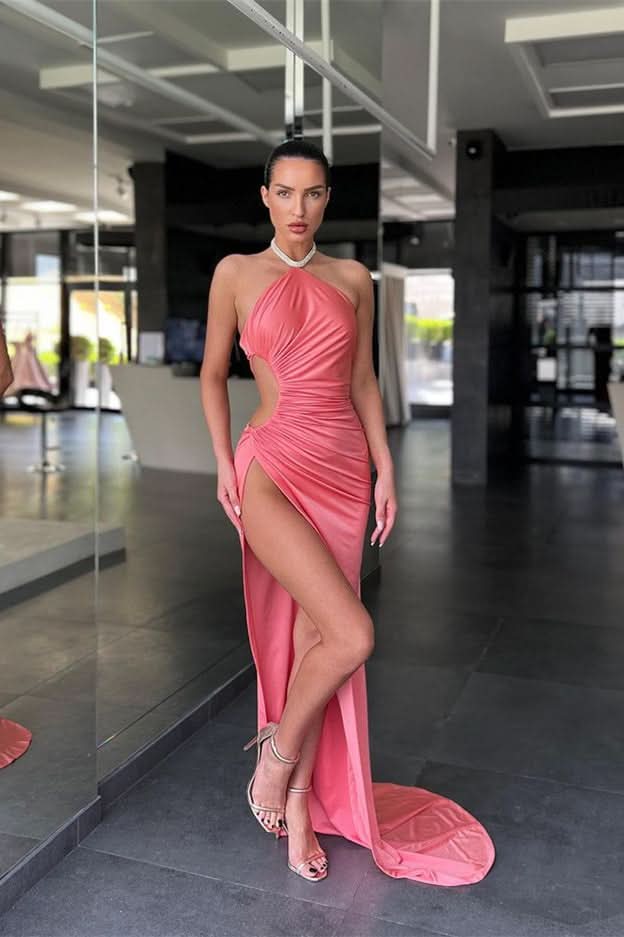 Pink Halter Sleeveless Mermaid Prom Dress with Long Split BM bride