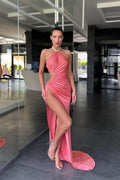 Pink Halter Sleeveless Mermaid Prom Dress with Long Split BM bride