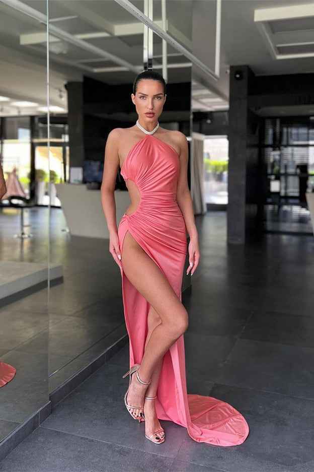 Halter Sleeveless Pink Mermaid Pleated Prom Dress Long With Split Online