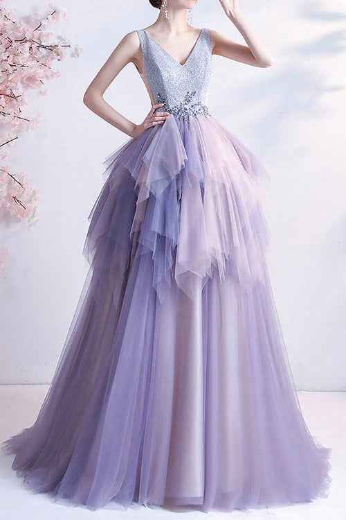 Sleeveless Long Prom Dress V Neck Tulle Layered With Beading Online