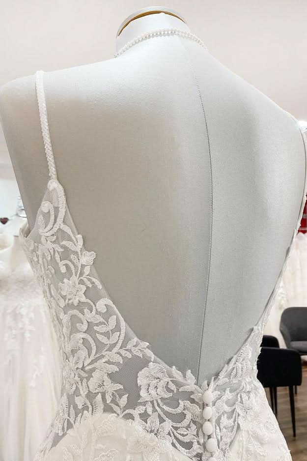 Sweetheart Long Mermaid Spaghetti Strap Open Back Wedding Dress with Lace and Satin BM bride