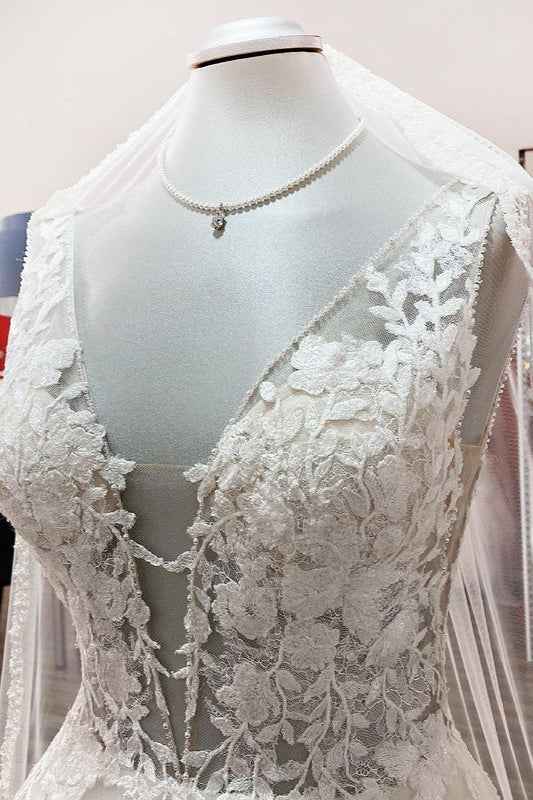 Elegant V-Neck Long A-Line Wedding Dress with Open Back and Tulle Lace BM bride
