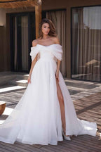 White Off the Shoulder Strapless Sleeveless A Line Prom Dress With High Split
