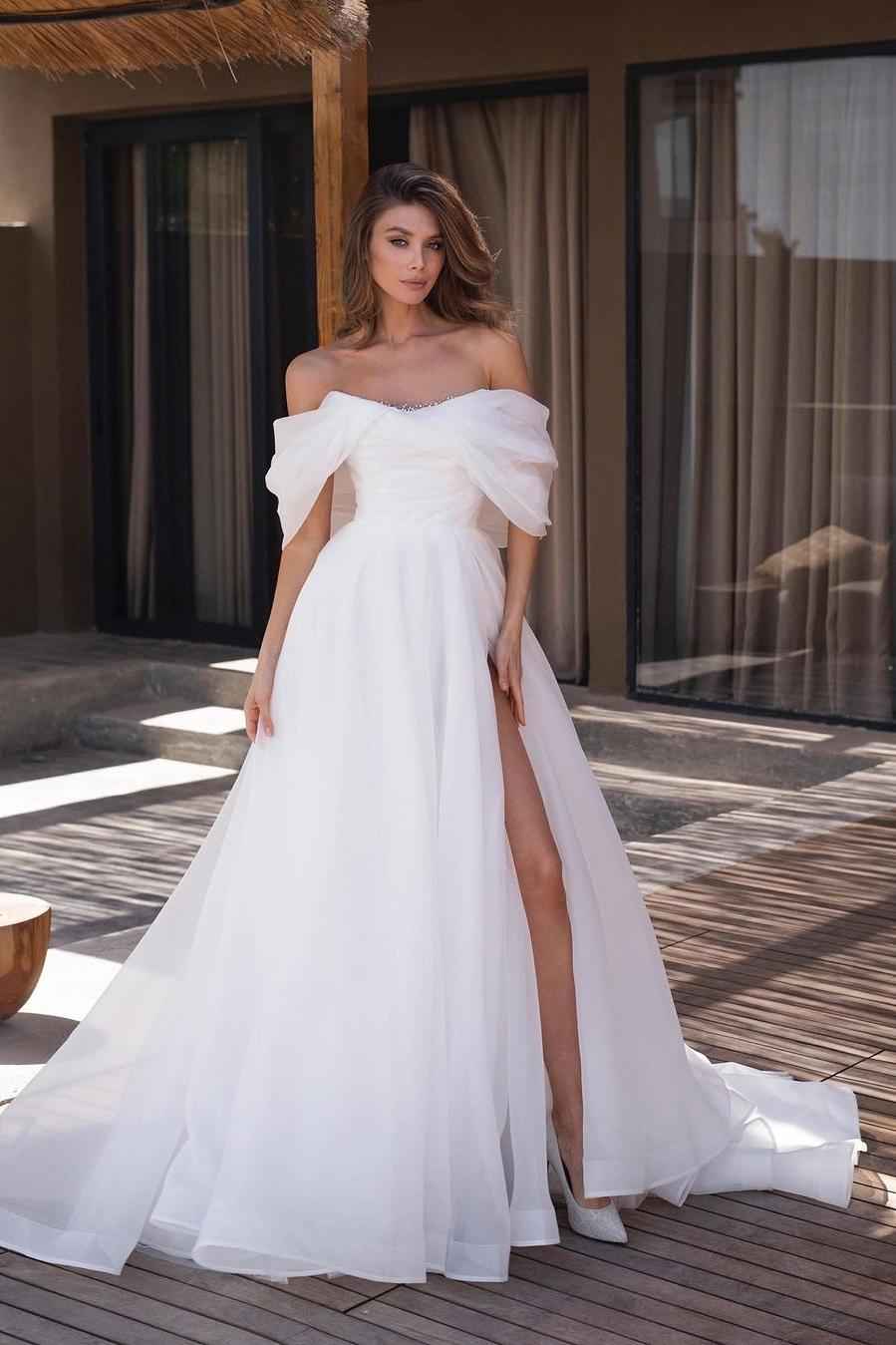 White Off the Shoulder Strapless Sleeveless A Line Prom Dress With High Split