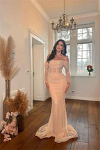 Glamorous Off the Shoulder Long Sleeves Pleated Mermaid Prom Dress With Beadings