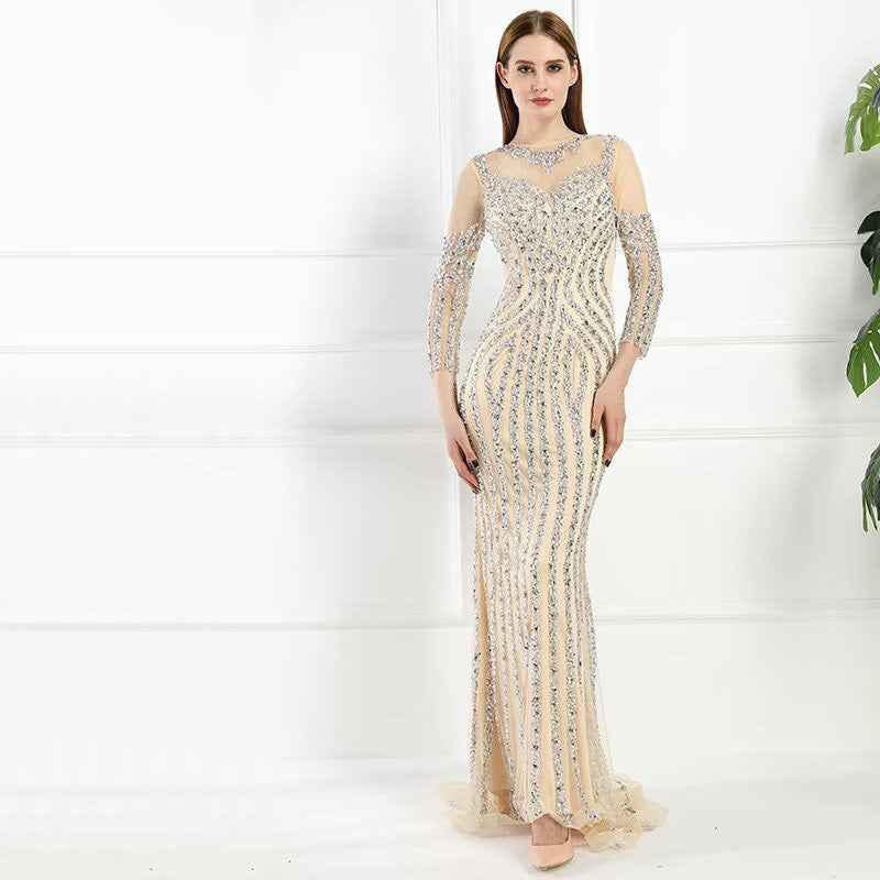 Elegant Ivory Bead Embroidery Long Sleeves Mermaid Long Prom Dress