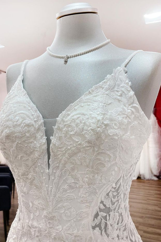 Sweetheart Long Mermaid Spaghetti Strap Open Back Wedding Dress with Lace and Satin BM bride