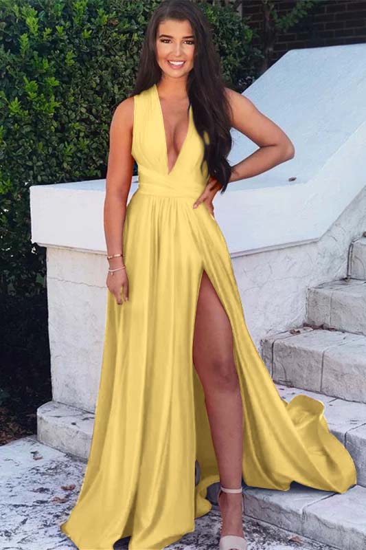 Sleeveless Fuchsia Deep V Neck Backless A Line Long Prom Dress With Split BMBRIDE