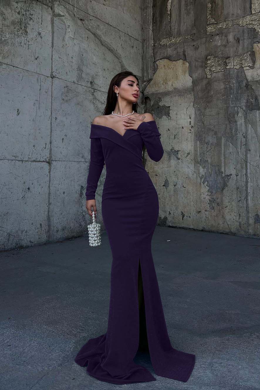 Off the Shoulder Long Sleeves Split Long Prom Dress With Pleated BMBRIDE