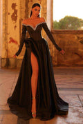 Off the Shoulder Long Sleeves Long Split Prom Dress With Beading