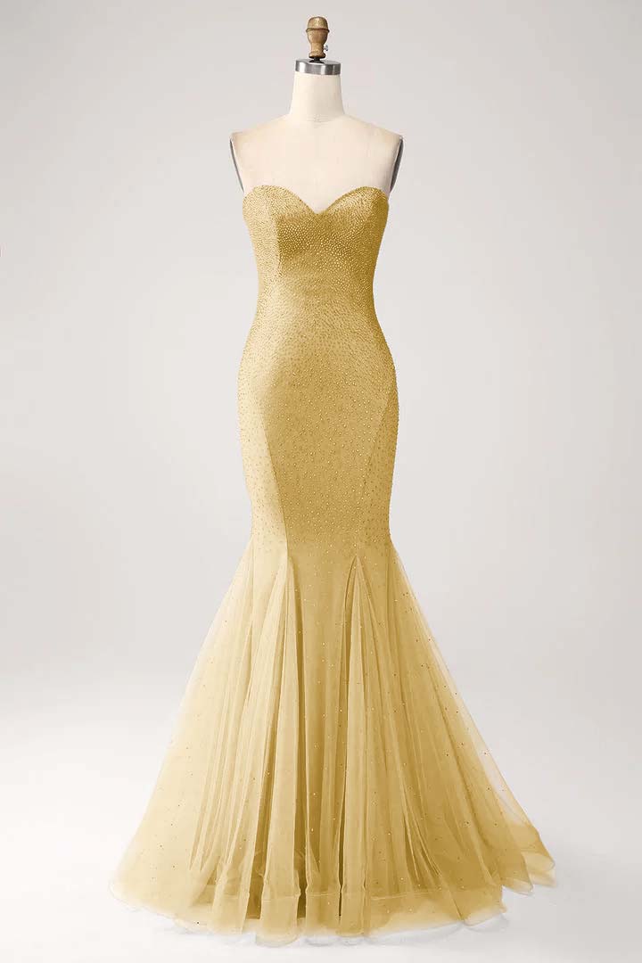 Strapless Sleeveless Long Mermaid Prom Dress With Beading Tulle