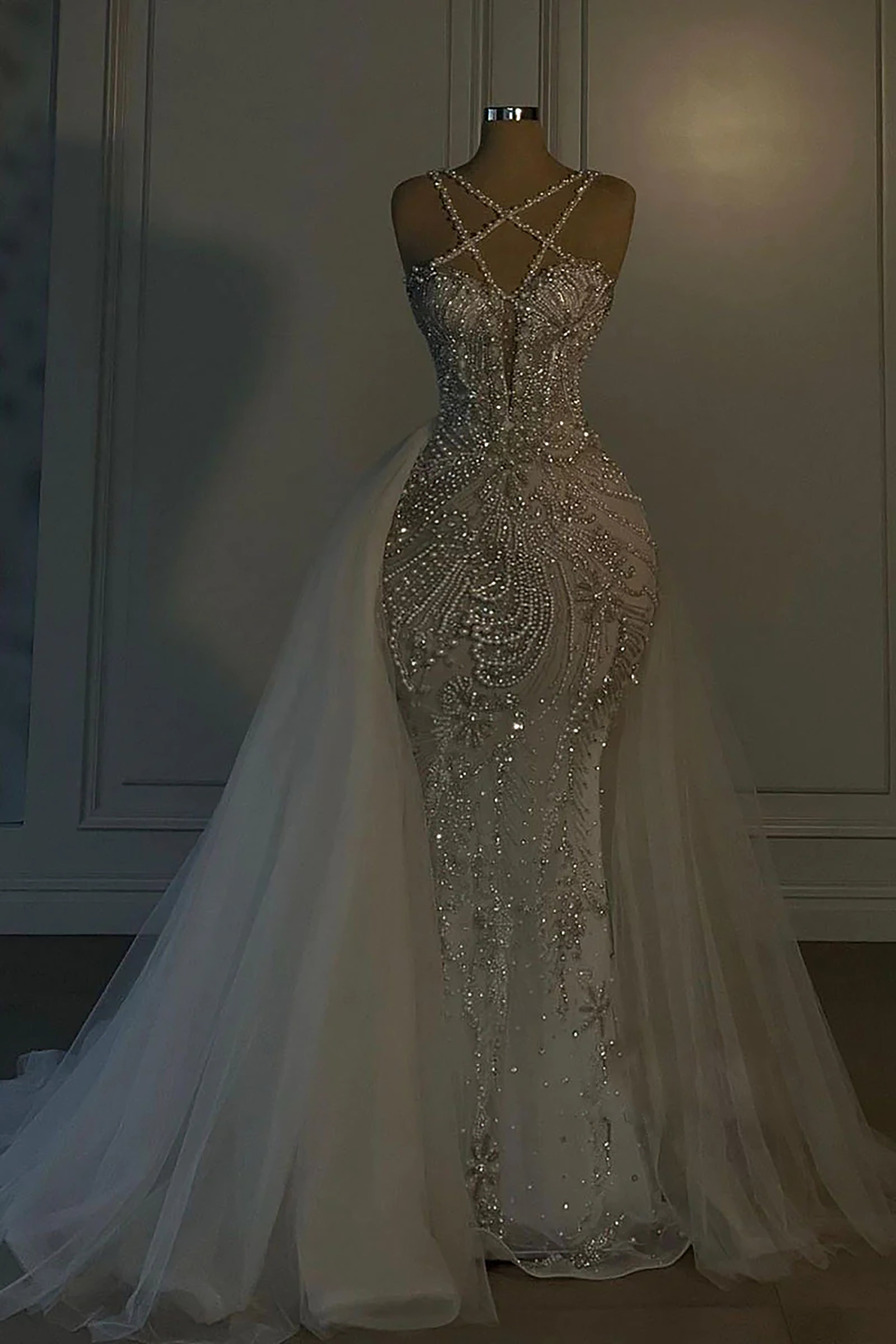 Heavy Mermaid Wedding Dress V-neck Spaghetti Strap Long With Beadings BM bride
