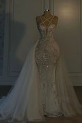 Heavy Mermaid Wedding Dress V-neck Spaghetti Strap Long With Beadings BM bride