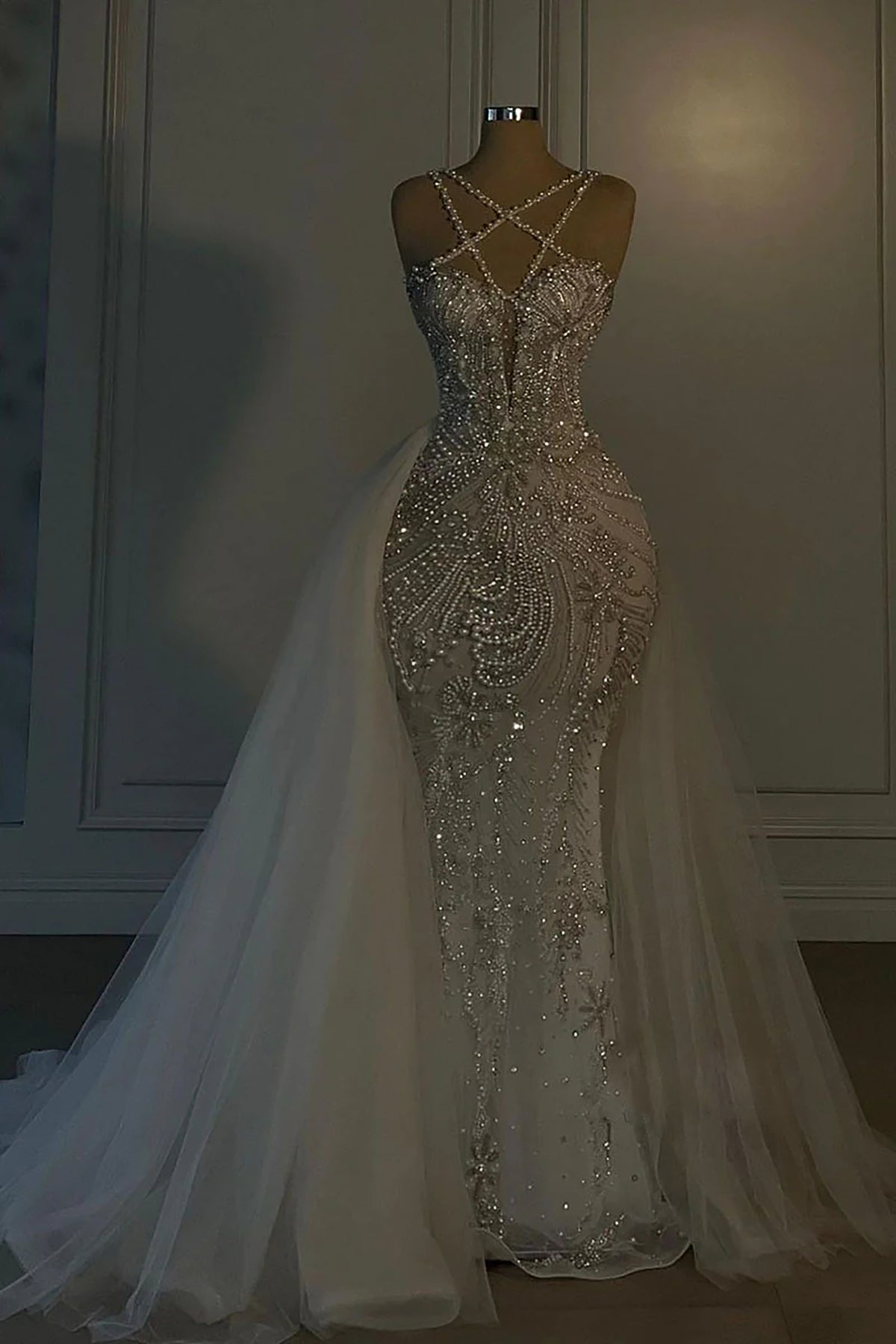 Heavy Mermaid Wedding Dress V-neck Spaghetti Strap Long With Beadings BM bride